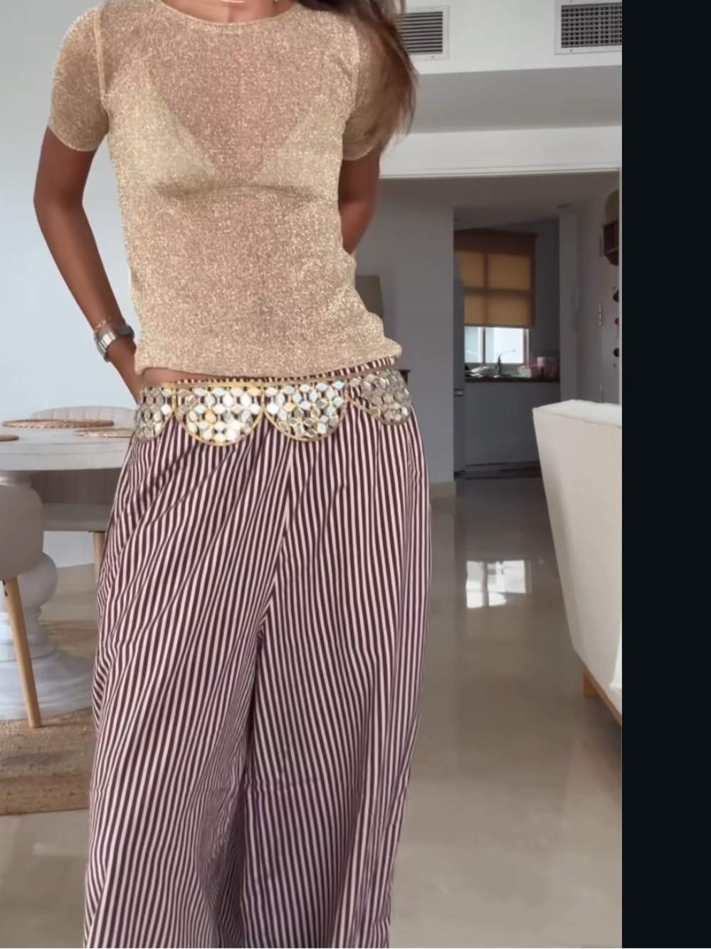 Zara Metallic Gold Mesh Short Sleeve Knit Top